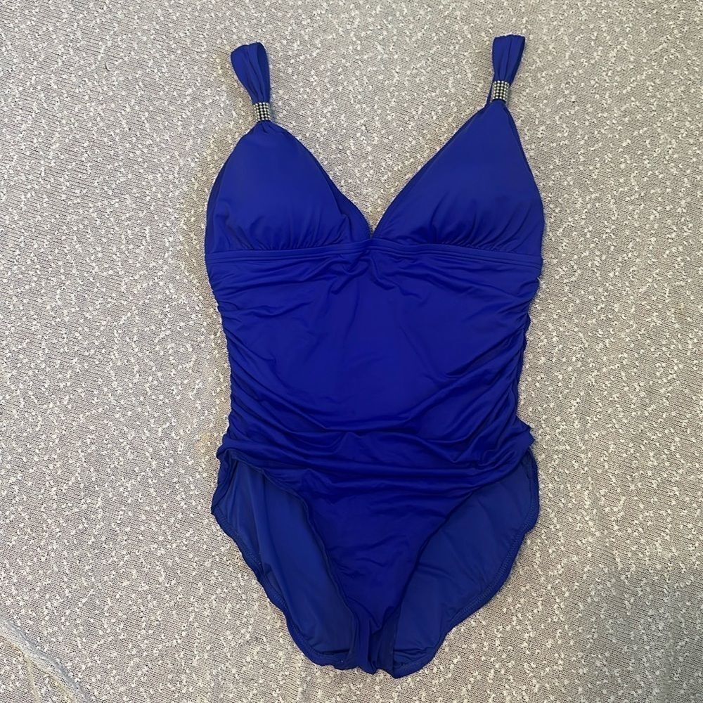 CARMEN MARC VALVO Bright Blue One Piece Swimsuit Deep V Ruched Slimming 12
